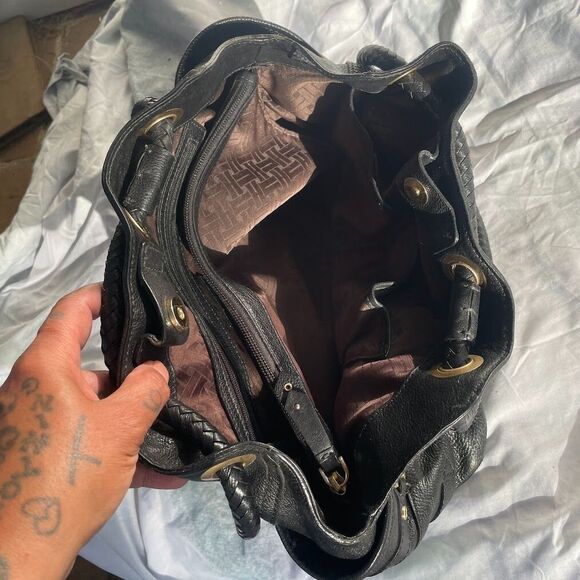 COLE HAAN  Pebble Leather Braided Drawstring Handle Black SHOULDER BAG HOBO - Picture 7 of 10